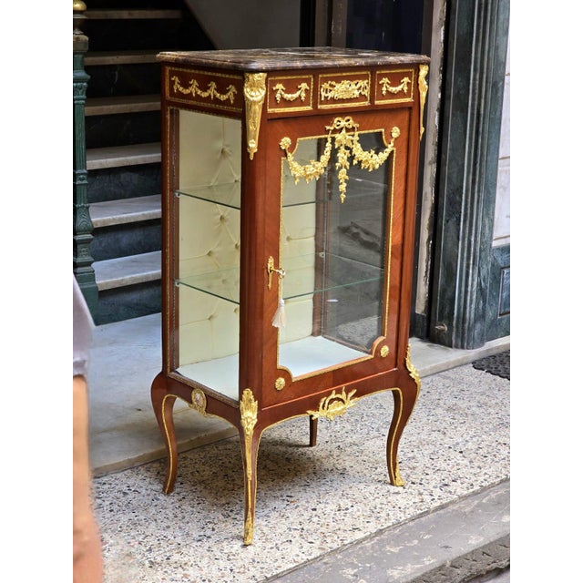 Wood Louis XV Marquetry Bedside Cabinet With Glass Door, Marble Top & Gold Accents For Sale - Image 7 of 9