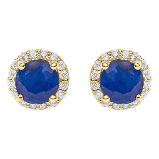 10K Yellow Gold Blue Sapphire and 1/6 Cttw Diamond Halo Stud Earring For Sale