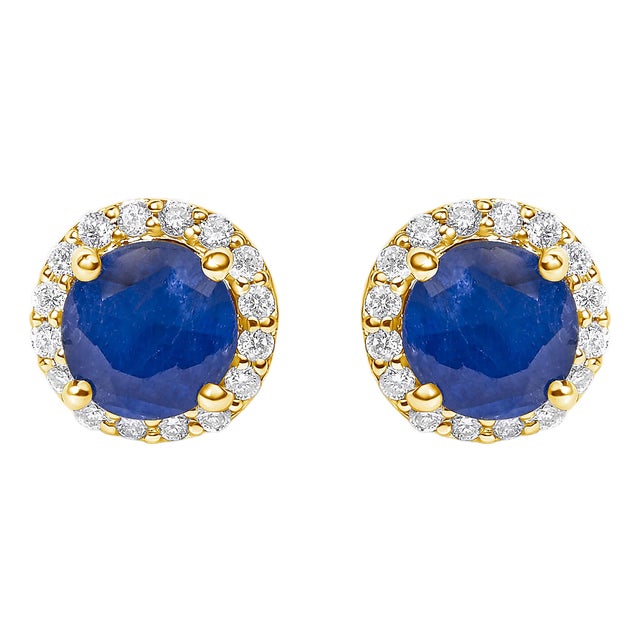 10K Yellow Gold Blue Sapphire and 1/6 Cttw Diamond Halo Stud Earrings, A Pair For Sale