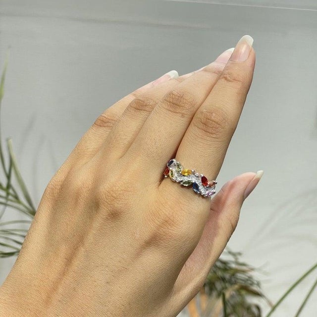 Nature Inspired Multi-Sapphire Leaf & Diamond Cluster Ring in Sterling Silver, Us Size 7.5 For Sale - Image 11 of 16
