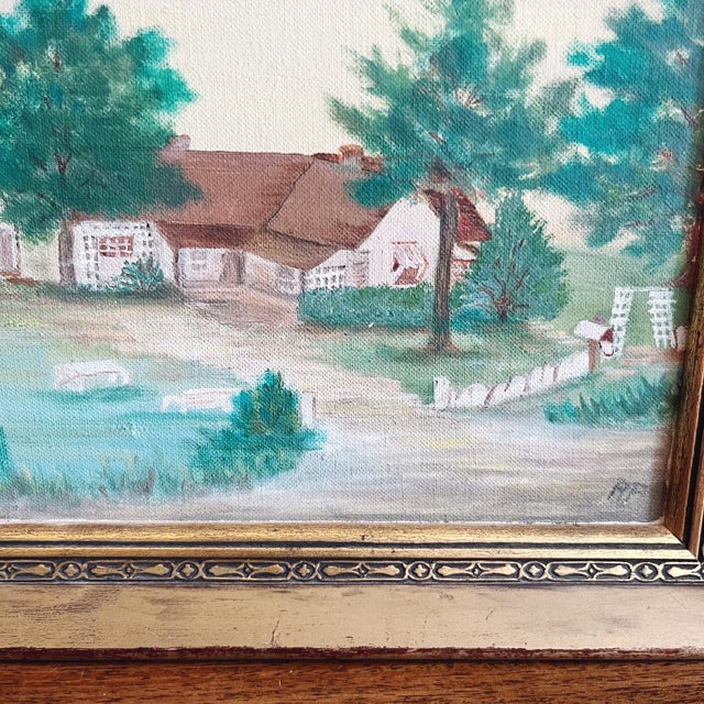 Vintage signed original oil painting of a house, marked “home” and signed “RF.” Framed in a gilt wooden frame. Signed by...