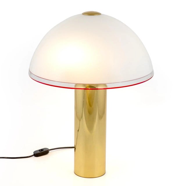 Brass and Opaline Murano Glass Table Lamp with Red Trim, Italy, 1970s-1980s For Sale - Image 3 of 4