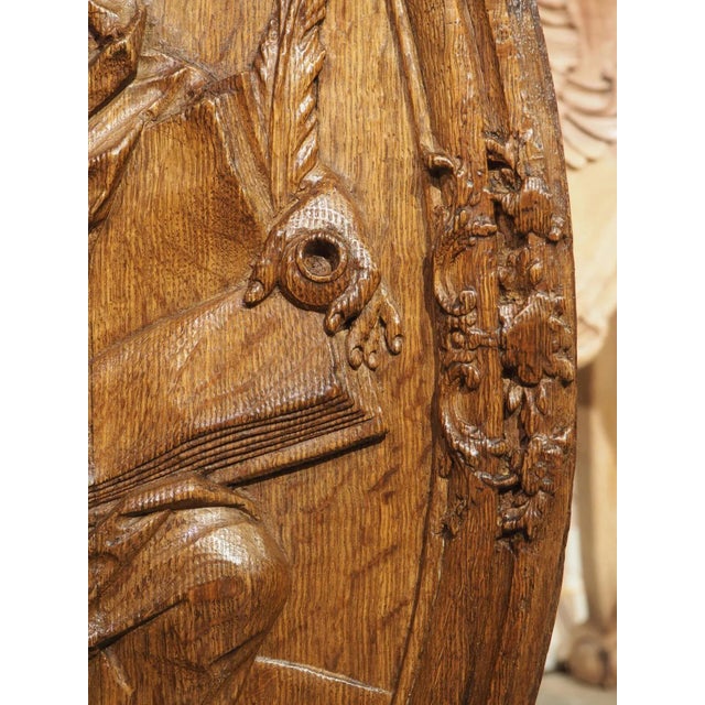 Early 18th Century Antique French Carved and Incurved Oak Bas Relief Plaque of St Luke, C. 1720 For Sale - Image 5 of 13