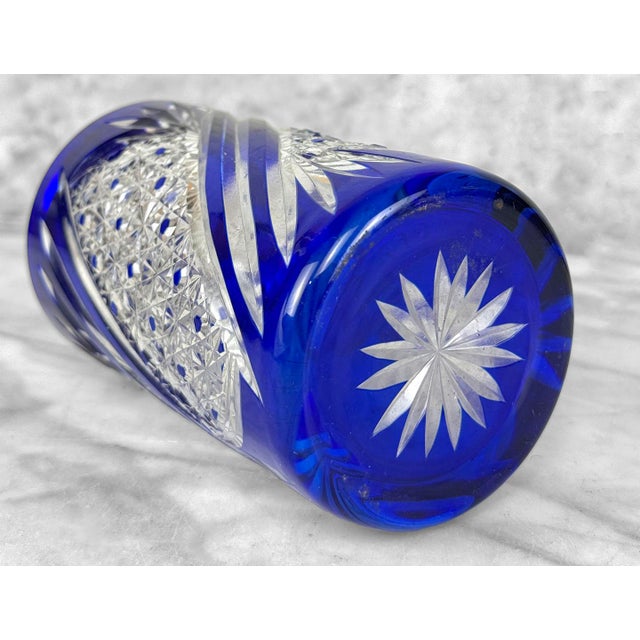 Blue Antique Bohemian Cobalt Blue Cut to Clear Crystal Cylinder Vase For Sale - Image 8 of 8