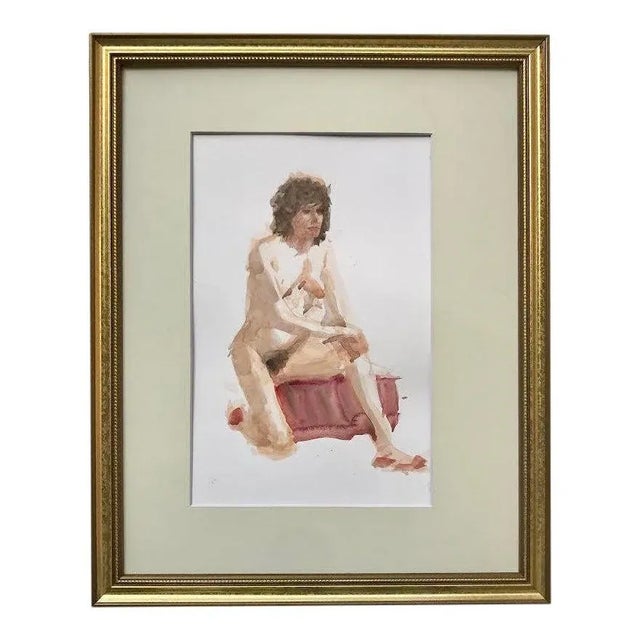 Paint Original Vintage Watercolor Seated Female Nude by Harry Barton For Sale - Image 7 of 7