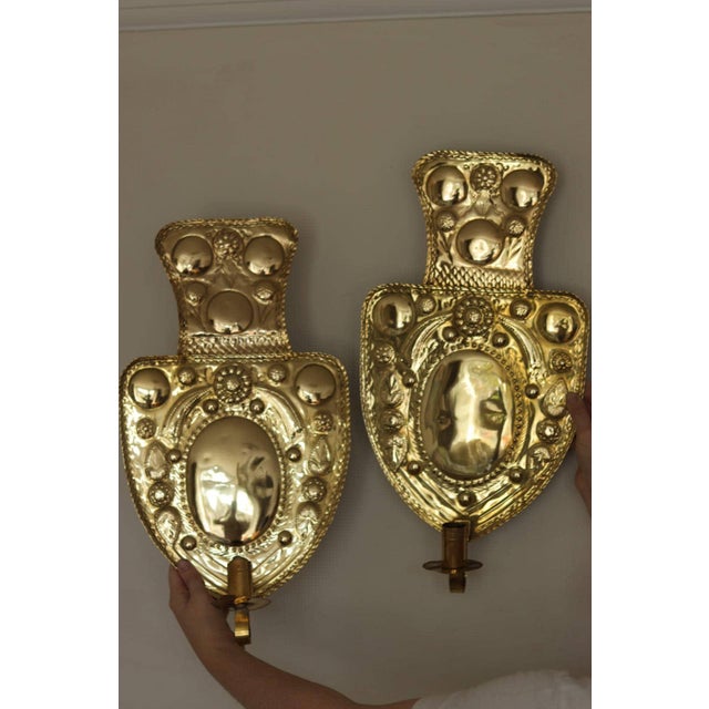 Large Mid-Century Baroque Swedish Brass Sconces, Set of 2 For Sale - Image 4 of 16
