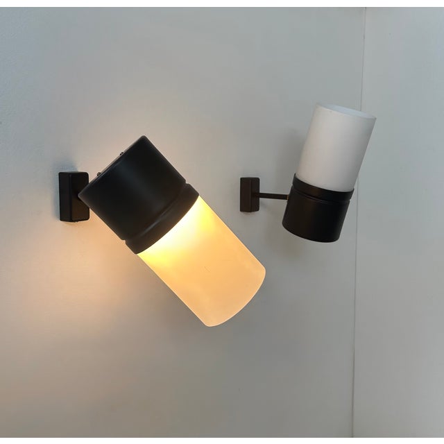 Metal Vintage Matte Black Metal and Opaline Glass Adjustable Wall Lights, France, 1950, Set of 2 For Sale - Image 7 of 8