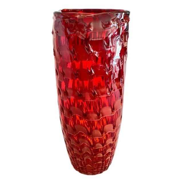 1970s Red Murano Pinched Glass Vase For Sale - Image 4 of 10