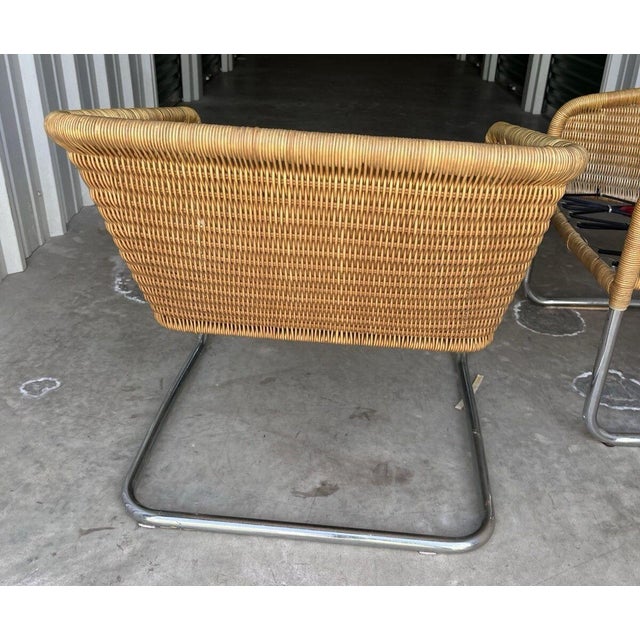 Wood Harvey Probber Style Vintage Unmarked Chrome Tube Cantilever Wicker Lounge Arm Chairs For Sale - Image 7 of 12
