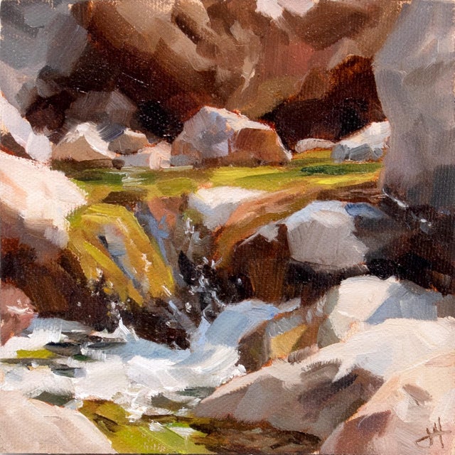 Run Off by Judd Mercer | Oil Painting of a small waterfall among rocks and greenery For Sale