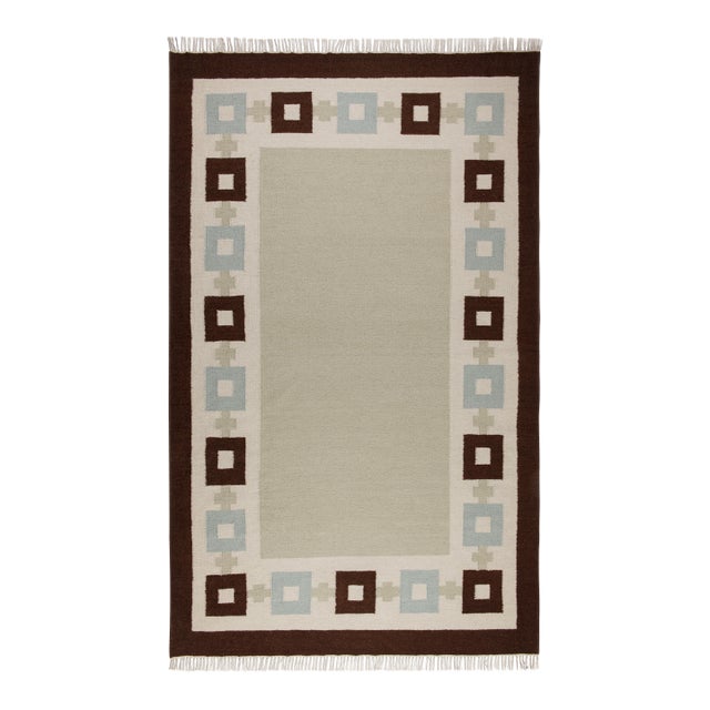Part & Parcel Goods Wool Chain Rug 10' x 14', Celadon, Sky Blue, Chocolate and Eggshell For Sale