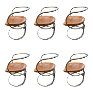 1970s Vladimir Tatlin Italian Modernist Tubular Chrome & Leather Dining Chairs - Set of 6