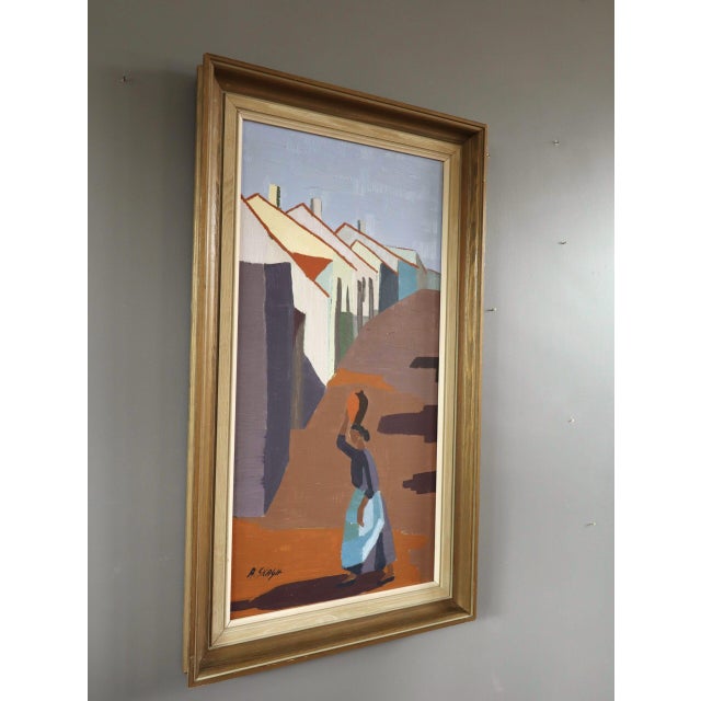 Mid-Century Modern 'Village Pathway' Vintage Original Landscape Oil Painting, Framed For Sale - Image 4 of 10
