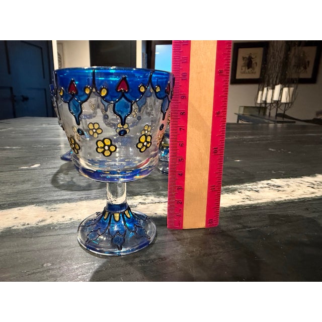 Arts & Crafts Vintage Bohemian/Venetian Style Hand-Painted Wine Glasses / Goblets - Set of 6 For Sale - Image 3 of 3