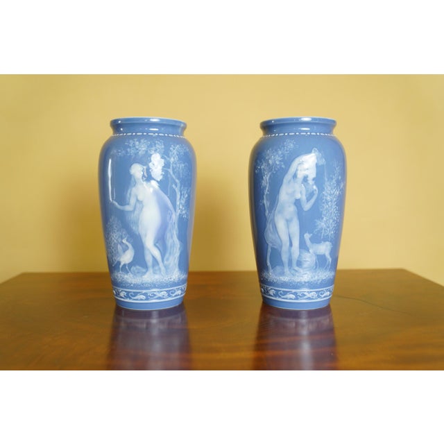French Pair of Antique Limoges Pâte-Sur-Pâte Blue Porcelain Vases For Sale - Image 3 of 15