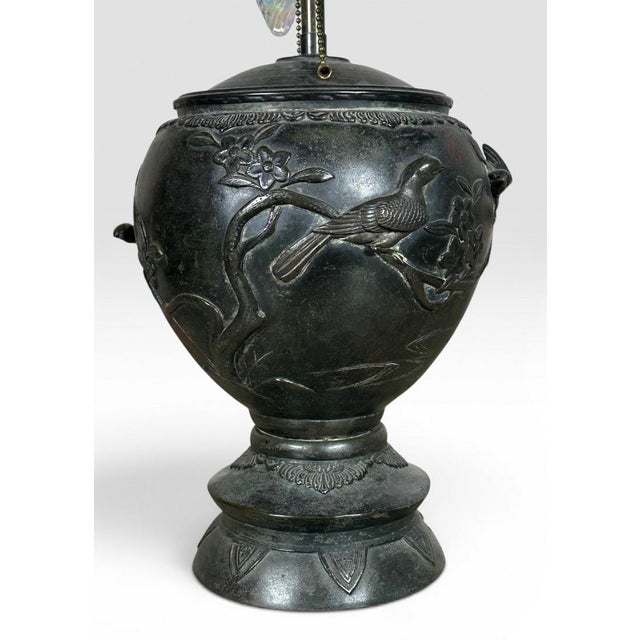 Traditional Antique Japanese Meiji Period Patinated Bronze Vase Table Lamp With High Relief Bird and Flower Silk Pagoda Shade For Sale - Image 3 of 13