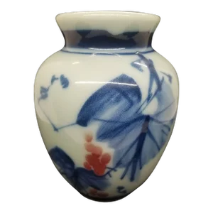 Vintage Japanese Pottery Glazed Blue Floral Hand Painted Vase