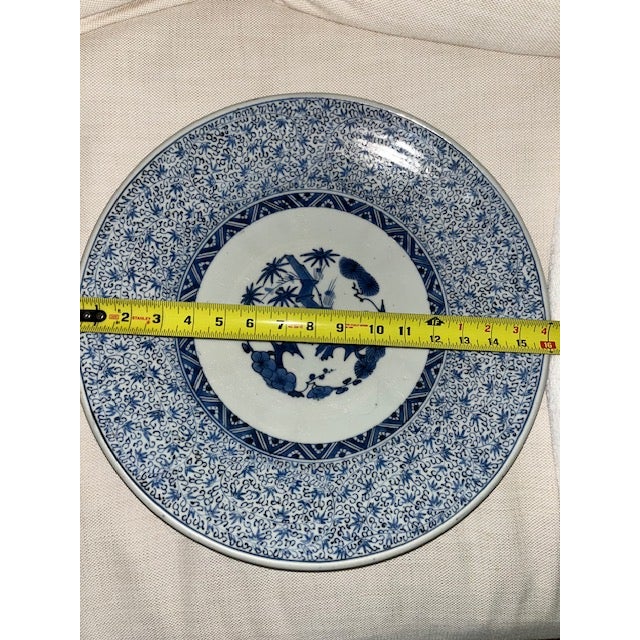 Blue Antique 16" Blue and White Plate With Detailed and Intricate Hand Painting Pine and Plum Design For Sale - Image 8 of 18