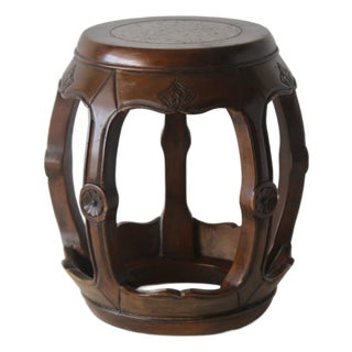 1980s Asian Carved Wood Barrel Stool Plant Stand With Inset Granite Top Vintage For Sale