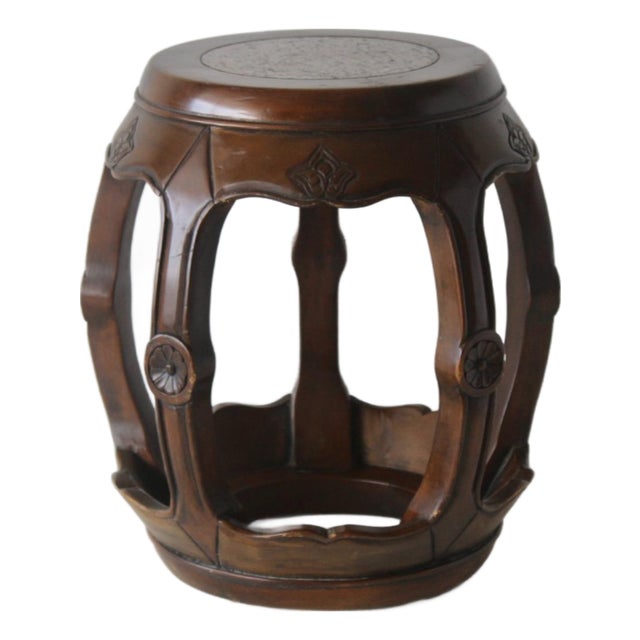 1980s Asian Carved Wood Barrel Stool Plant Stand With Inset Granite Top Vintage For Sale