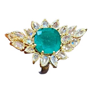 5.82 Ct Natural Colombian Cushion Cut Emerald & 3 Ct RoseCut Diamond Ring 18 Kt For Sale