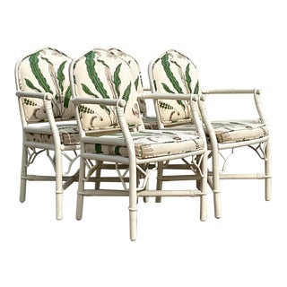 Vintage Coastal Fern Print Painted Rattan Dining Chairs - Set of 4 For Sale
