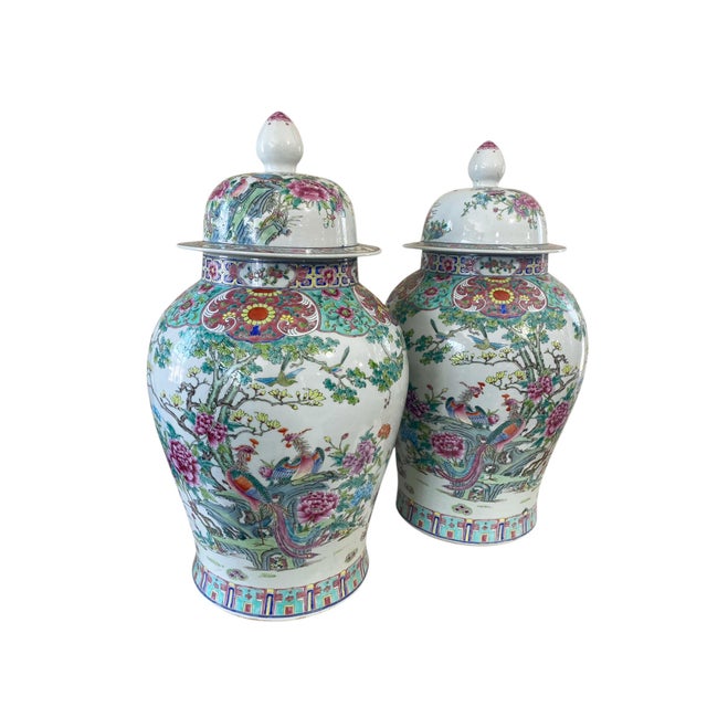 Chinoiserie Vintage Lg Chinoiserie Famille Rose Porcelain Ginger Jars 26" H Pair For Sale - Image 3 of 11