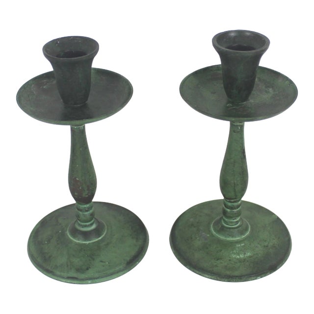 Vintage Pair of Brass Candle Holders With Verdigris Patina Green Candleholder For Sale