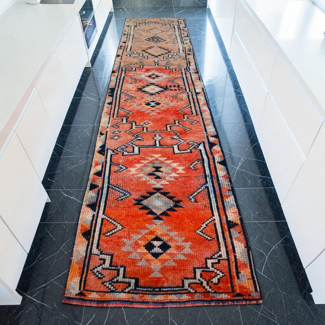 Burnt Orange 1960s Runner Kurdish Hand-Knotted Rug Hallway Decor Kitchen Floor Accent 3x12 Ft Approx For Sale - Image 8 of 16