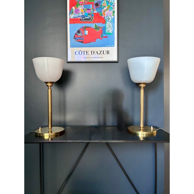 Senator Lamps in Brass and Opaline Glass, 1970s, Set of 2 For Sale - Image 6 of 6