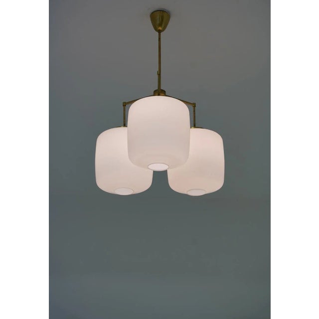 Large Chandelier in Brass and Opaline Glass attributed to Høvik Lys, Norway, 1950s For Sale - Image 9 of 10