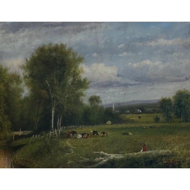Traditional Pastoral Landscape Oil Painting in a Rustic Pine Frame / English Country Side Scene For Sale - Image 4 of 7