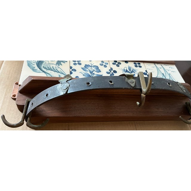 Mid 20th Century Antique Pot Holder or Coat Rack With 4 Delft Like Blue and White Tiles - Handmade and Mounts on Wall For Sale - Image 5 of 13