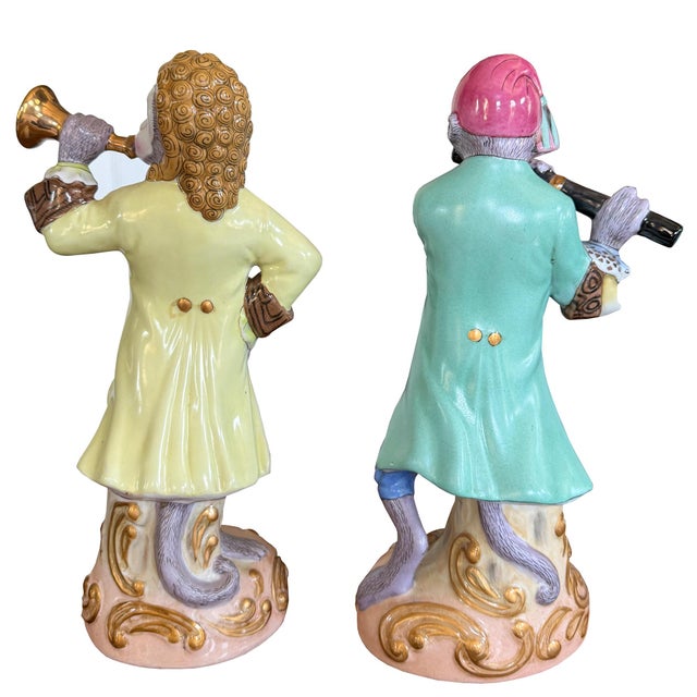 Pink Pair of Vintage Hand-Painted Porcelain Singerie Monkey Musician Figurines For Sale - Image 8 of 10