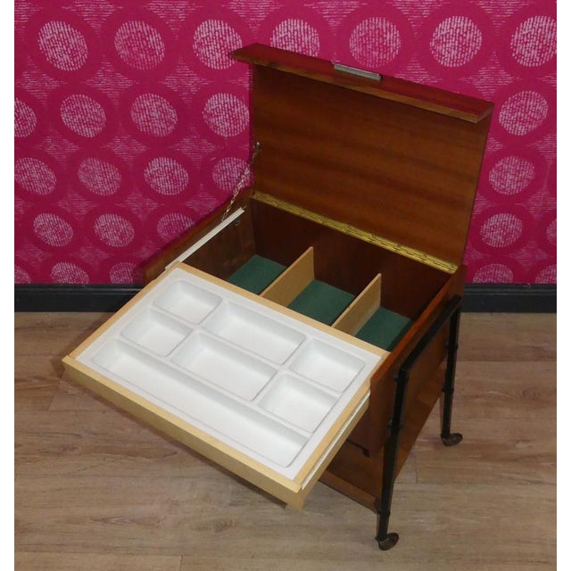 2 Tone Wooden Sewing Box on Casters Shelf in Black Walnut & Steel Tube, 1960s For Sale - Image 6 of 12