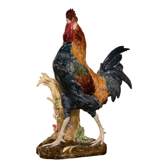 19th Century French Painted Faience Rooster With Vase Signed Paul Comolera For Sale