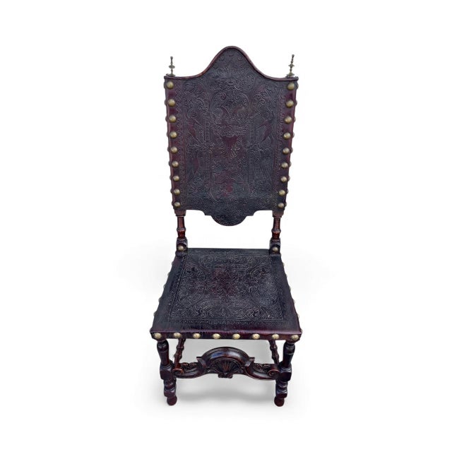 Six - 18th Century Portuguese Carved Walnut Chairs With Brass Finial Toppers and Brass Studs For Sale - Image 4 of 12