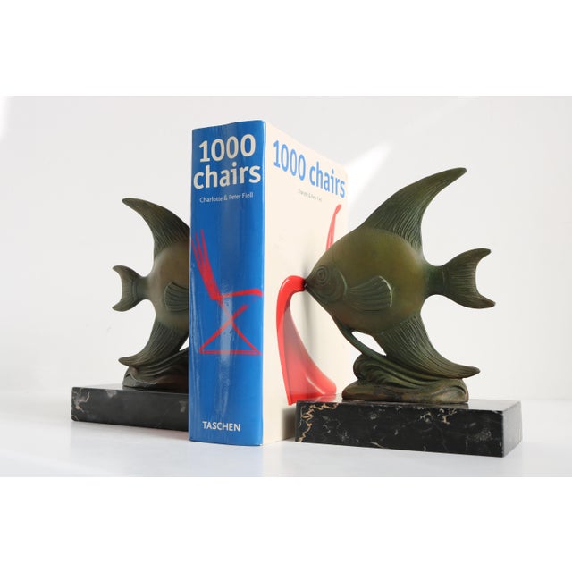 Metal Antique Art Deco French Bookends Angelfish in Black Marble Spelter Moonfish, 1925, Set of 2 For Sale - Image 7 of 10