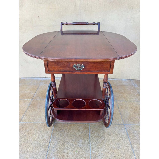 Brown Vintage Wood Tea & Bar Cart with Drop-Leaf Sides and Bottle Holder, 1940s For Sale - Image 8 of 10