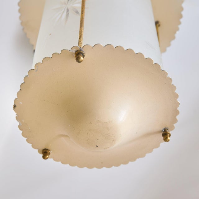 1950s Italian Cylindrical Ivory Lacquer + Starburst Glass Lantern Pendant, 1950s For Sale - Image 5 of 11