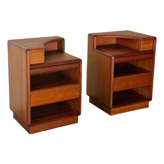 1960s Mid Century Danish Teak Nightstands by Brouer – Sculptural Bedside Tables, Set of Two For Sale
