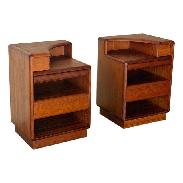 1960s Mid Century Danish Teak Nightstands by Brouer – Sculptural Bedside Tables, Set of Two For Sale