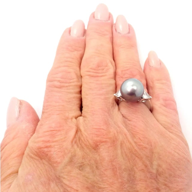 Mikimoto Platinum .5ctw Diamond 12mm Tahitian South Sea Pearl Heart Ring, size 5.5 For Sale - Image 10 of 11