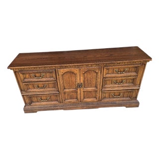 Vintage Dixie Oak Triple Dresser Credenza | 9 Drawer Solid Wood Buffet | Traditional Storage Cabinet For Sale