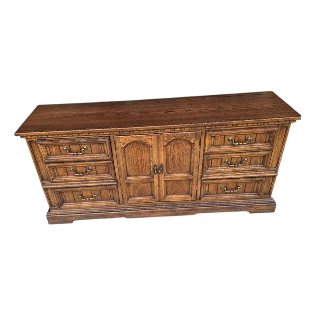Vintage Dixie Oak Triple Dresser Credenza | 9 Drawer Solid Wood Buffet | Traditional Storage Cabinet For Sale