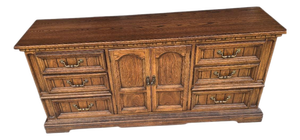 Vintage Dixie Oak Triple Dresser Credenza | 9 Drawer Solid Wood Buffet | Traditional Storage Cabinet