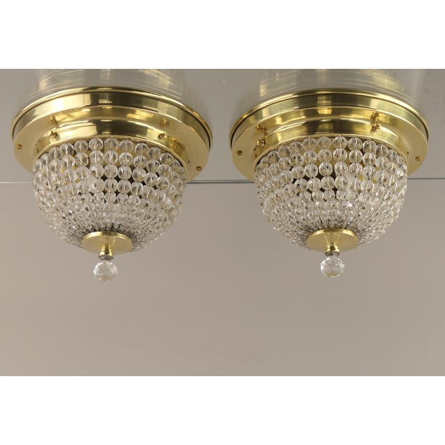 Metal Brass Ceiling Light with Faceted Crystal Glass Beads, France, 1920s For Sale - Image 7 of 10
