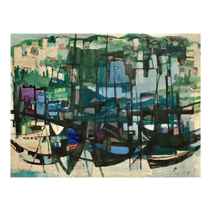 Zvi MairovichLarge Polish Israeli Abstract Modernist Oil Painting Tel Aviv Harbor Mairovich, c.1950's