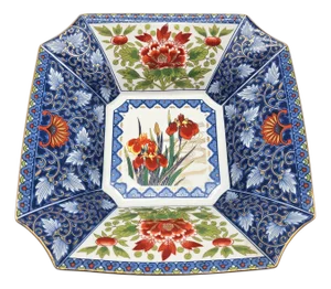 Japanese Imari Porcelain Bowl Alyssa Macy’s Square Floral Iris Design Blue Red 9.75”