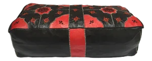Large Moroccan Red and Black Leather Rectangular Pouf Ottoman
